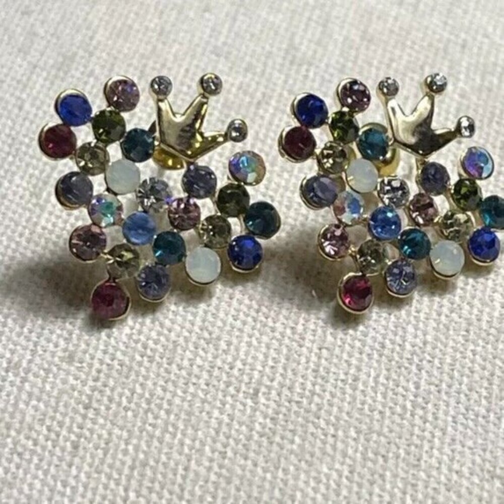 Vintage Crown Colored Multiple Color Rhinestones Clip On Earrings Gold Tone